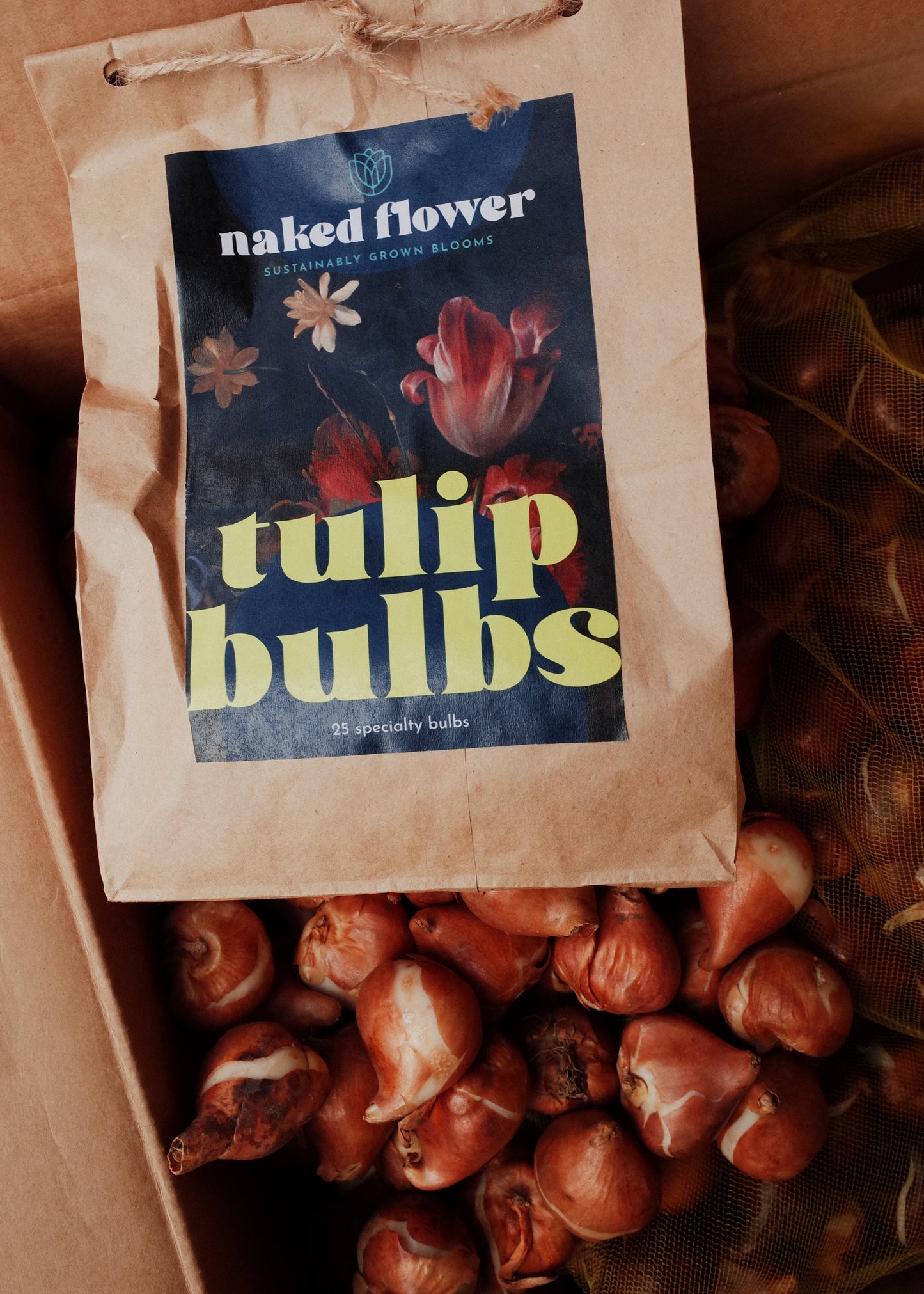 Bag of 25 specialty tulip bulbs with 'naked flower' branding on a background of tulip bulbs.